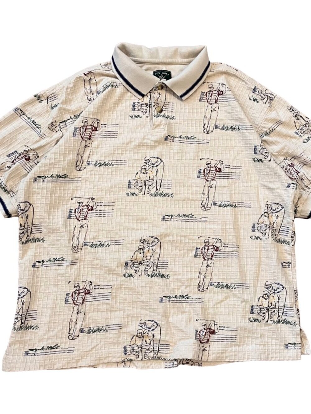 Vintage Fox Golf Polo Shirt Golfer Print Men’s Size Large Multicolored Beige